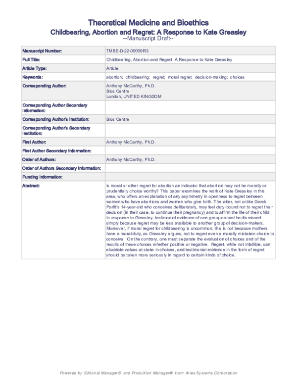 Childbearing, Abortion and Regret: A Response to Kate Greasley