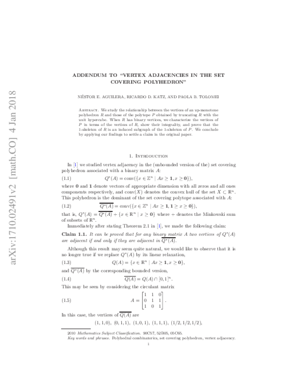 (PDF) Addendum to “Vertex adjacencies in the set covering polyhedron ...