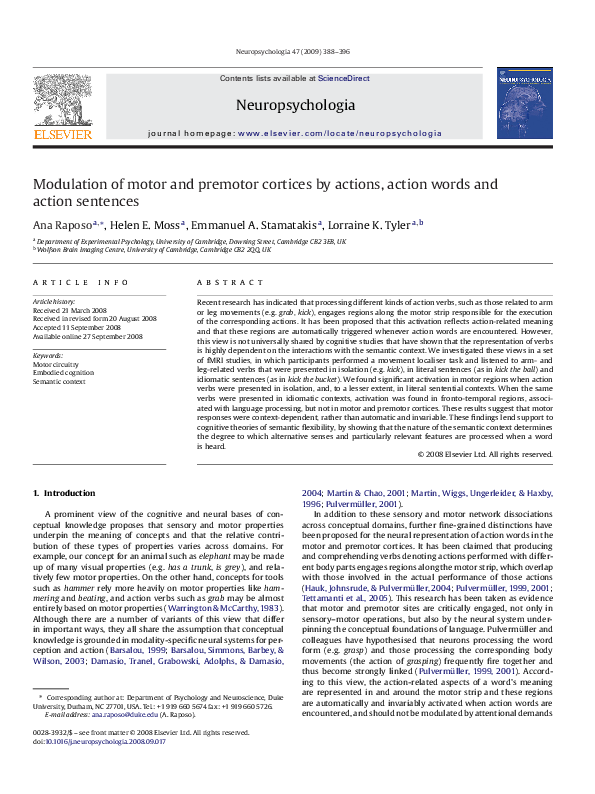 (PDF) Modulation of motor and premotor cortices by actions, action ...