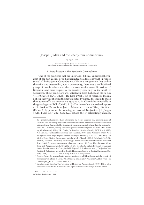 First page of “Joseph, Judah and the ‘Benjamin Conundrum’”