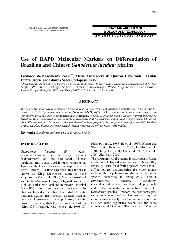(PDF) Use of RAPD molecular markers on differentiation of brazilian and ...
