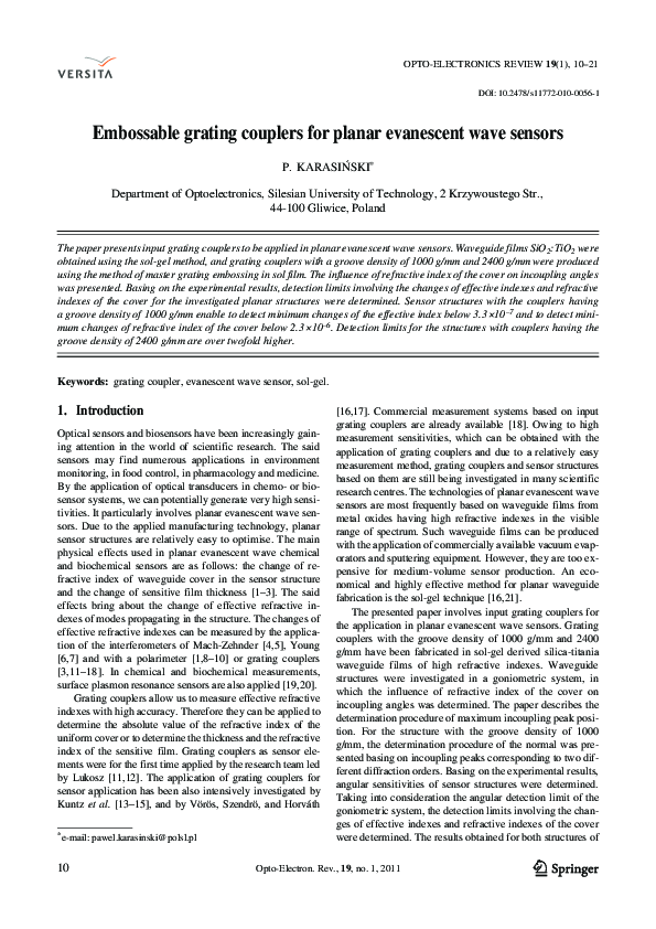(PDF) Embossable grating couplers for planar evanescent wave sensors