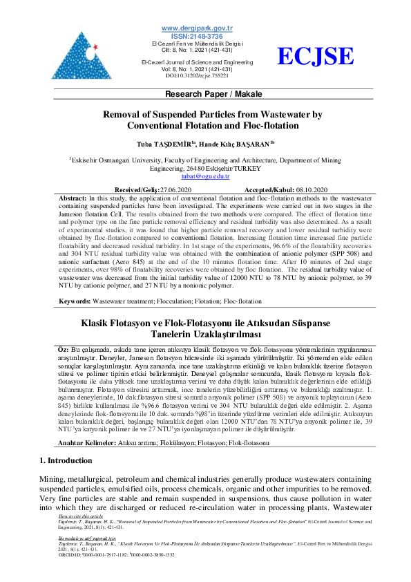 (PDF) Removal of Suspended Particles from Wastewater by Conventional ...