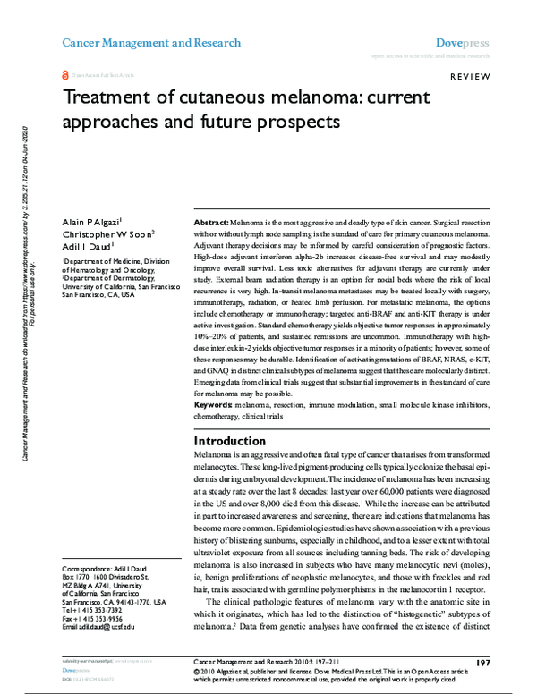 (PDF) Treatment of cutaneous melanoma: current approaches and future ...