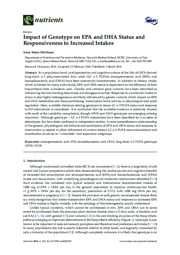 (PDF) Impact of Genotype on EPA and DHA Status and Responsiveness to ...