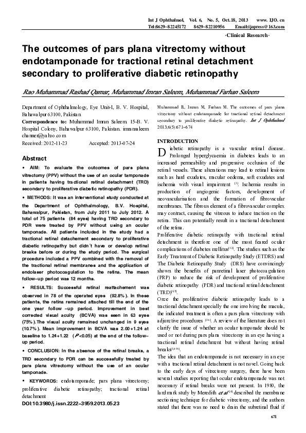 (PDF) The outcomes of pars plana vitrectomy without endotamponade for ...