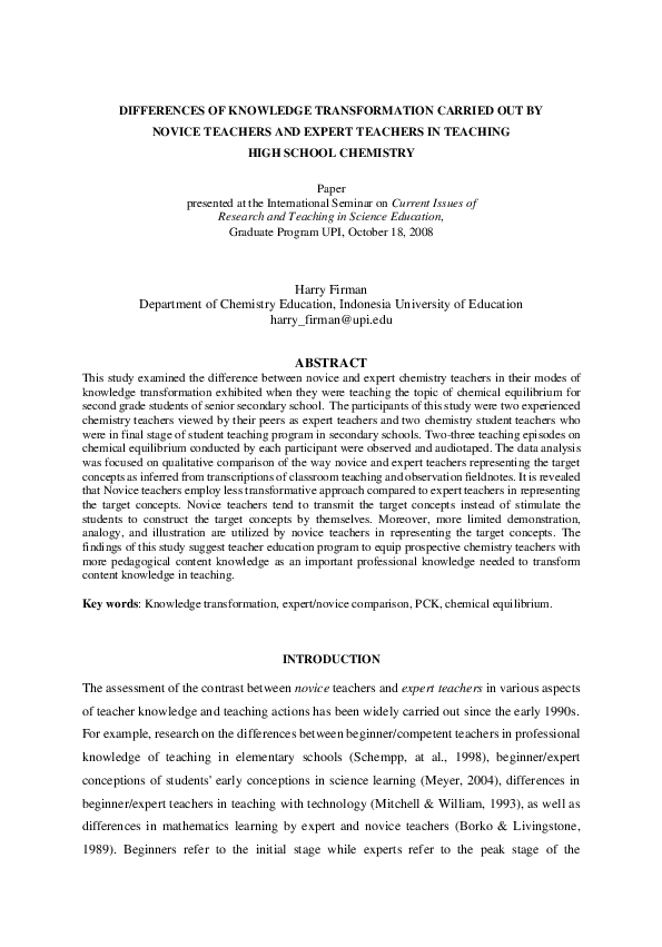 (PDF) NOVICE VS EXPERT TEACHERS IN TRANSFORMING KNOWLEDGE FOR TEACHING ...
