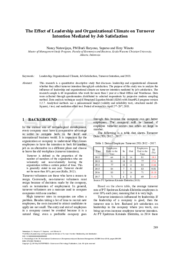 (PDF) The Effect of Leadership and Organizational Climate on Turnover ...