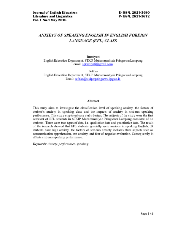 (PDF) Anxiety Of Speaking English In English Foreign Language (Efl) Class