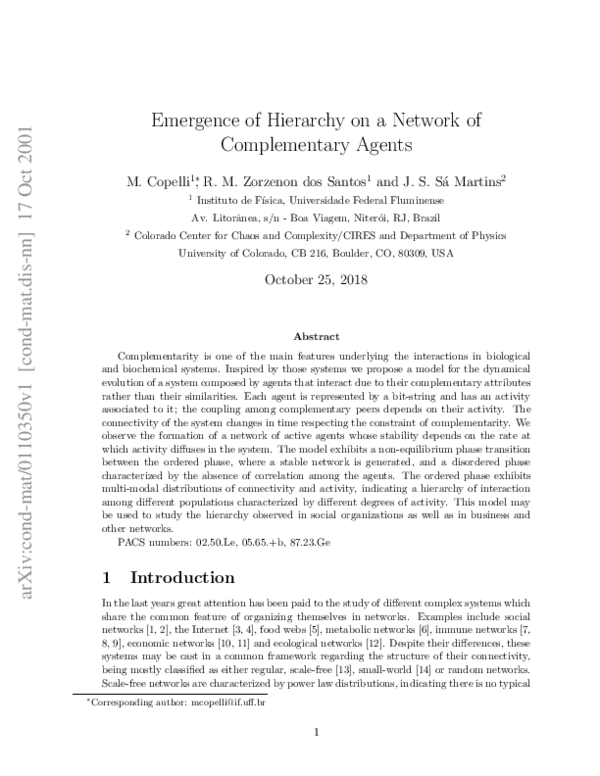 (PDF) Emergence of hierarchy on a network of complementary agents