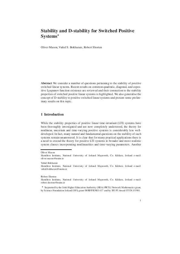 (PDF) Stability and D-stability for Switched Positive Systems