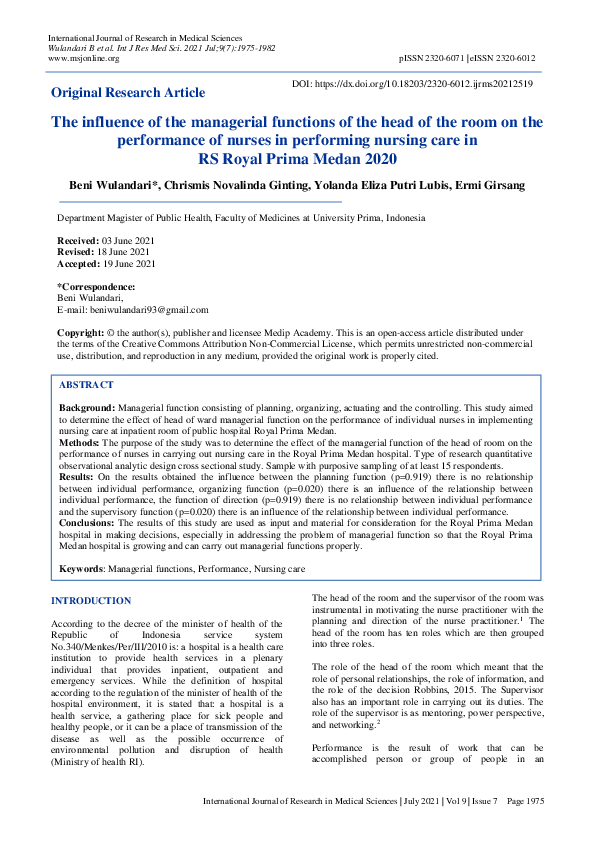 (PDF) The influence of the managerial functions of the head of the room ...