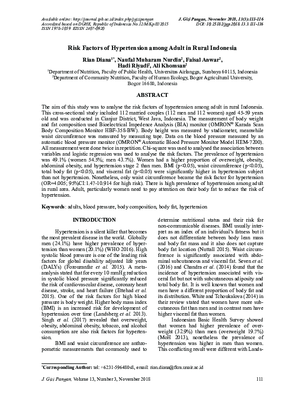 (PDF) Risk Factors of Hypertension among Adult in Rural Indonesia