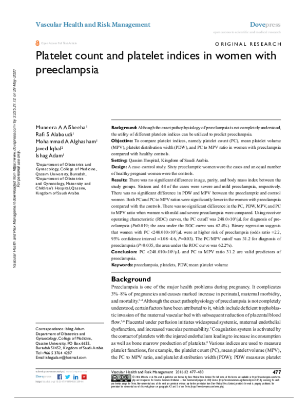 (PDF) Platelet count and platelet indices in women with preeclampsia