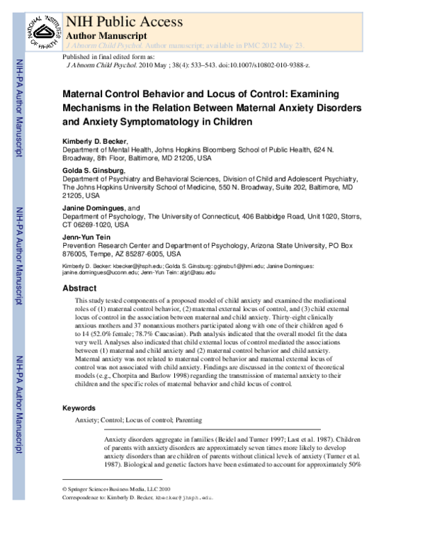 (PDF) Maternal Control Behavior and Locus of Control: Examining ...