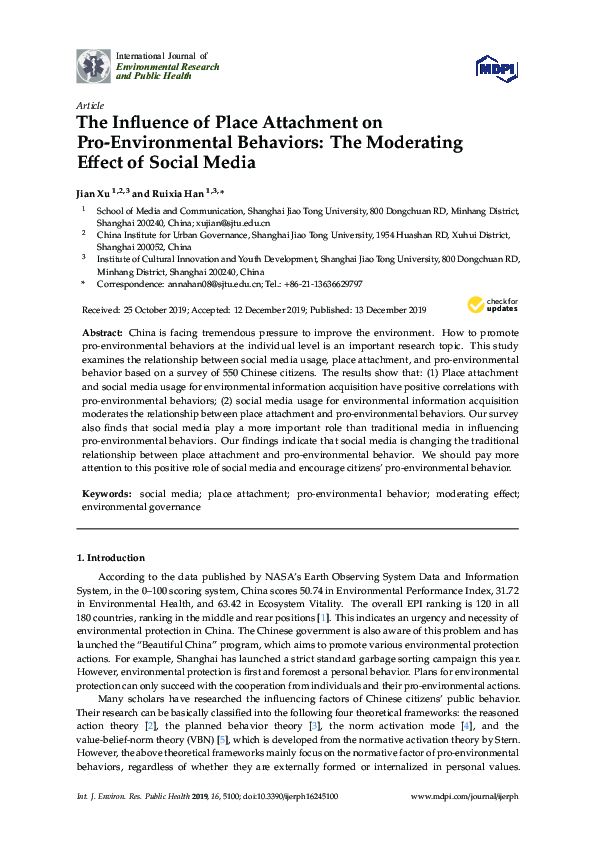 (PDF) The Influence of Place Attachment on Pro-Environmental Behaviors ...