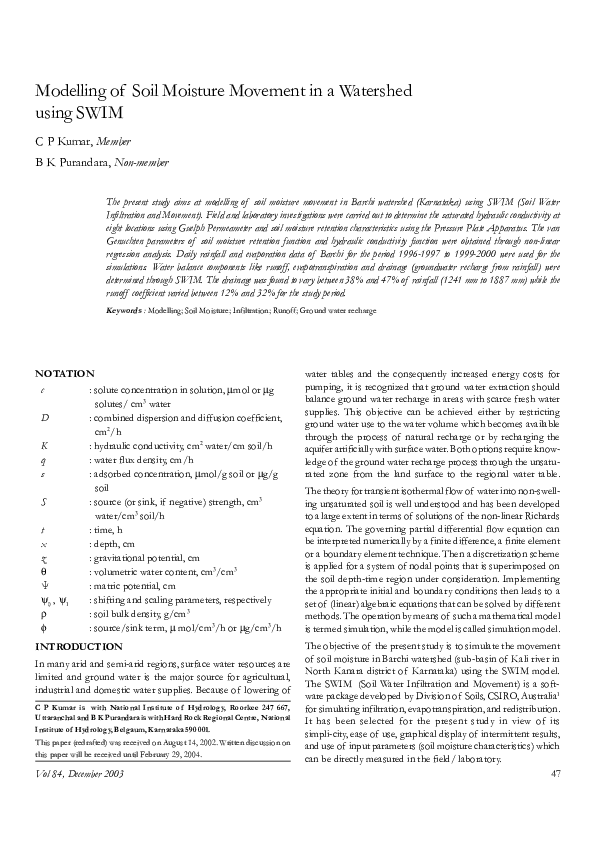 (PDF) Modelling of Soil Moisture Movement in a Watershed using SWIM C. P. Kumar Academia.edu
