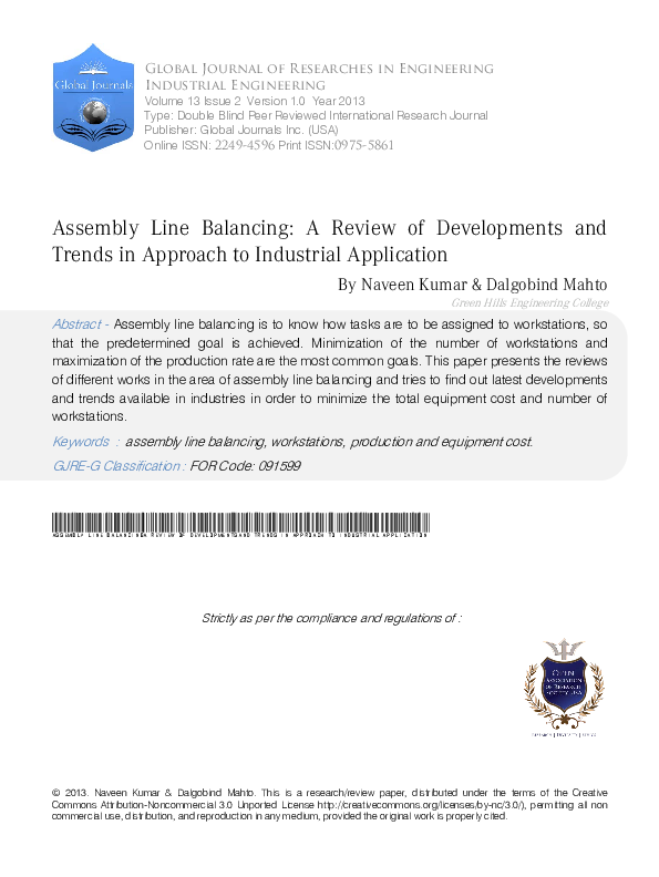 (PDF) Assembly Line Balancing - Global Journal of Researches In