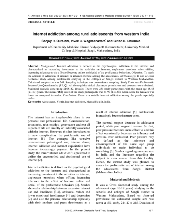 (PDF) Internet addiction among rural adolescents from western India