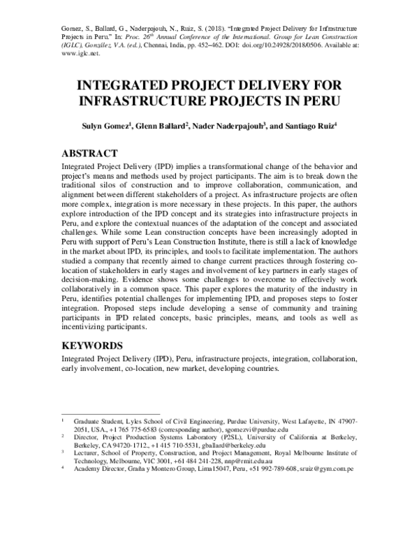 (PDF) Integrated Project Delivery for Infrastructure Projects in Peru