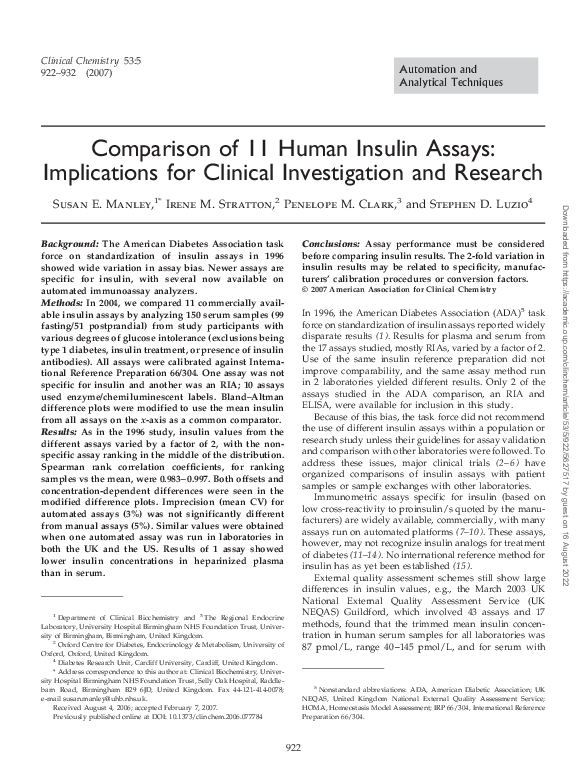 (PDF) Comparison of 11 Human Insulin Assays: Implications for Clinical ...