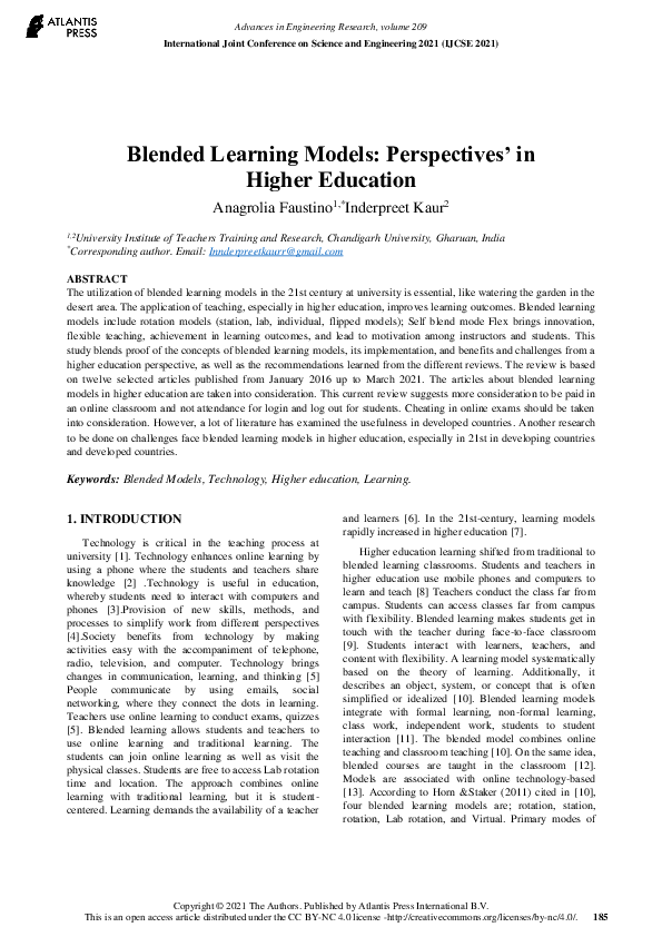(PDF) Blended Learning Models: Perspectives’ in Higher Education