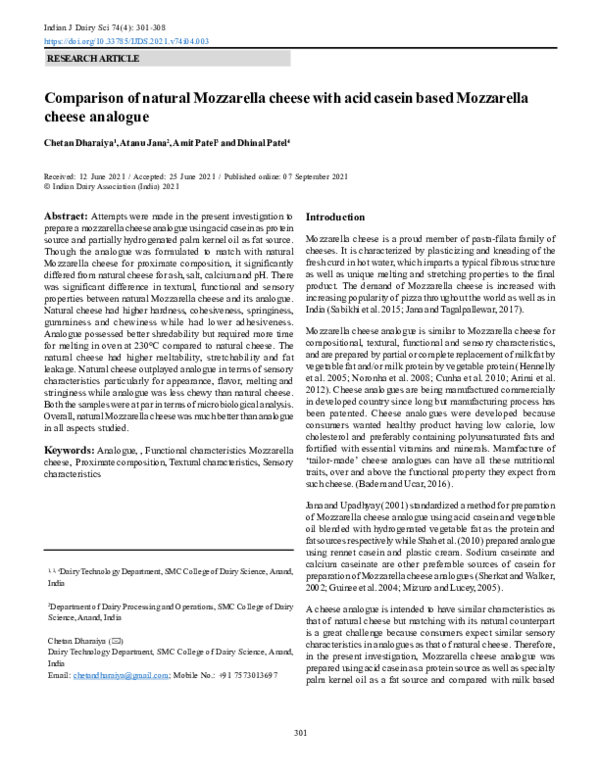 (PDF) Comparison of natural Mozzarella cheese with acid casein based