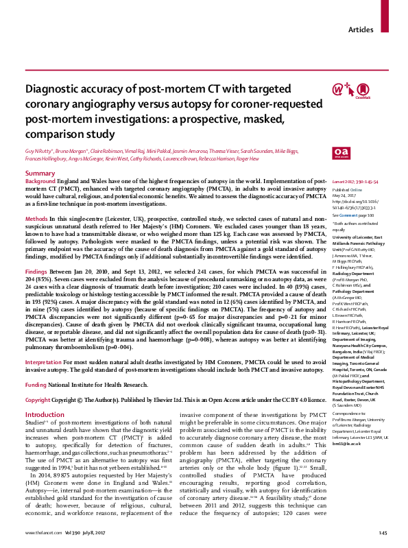 (PDF) Diagnostic accuracy of postmortem CT with targeted coronary angiography versus autopsy