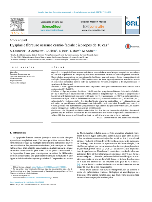 (PDF) Dysplasie fibreuse osseuse cranio-faciale : à propos de 10 cas ...