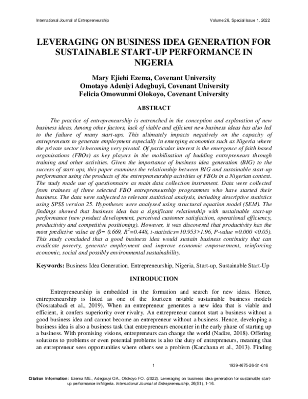 (PDF) Leveraging on business idea generation for sustainable start-up ...