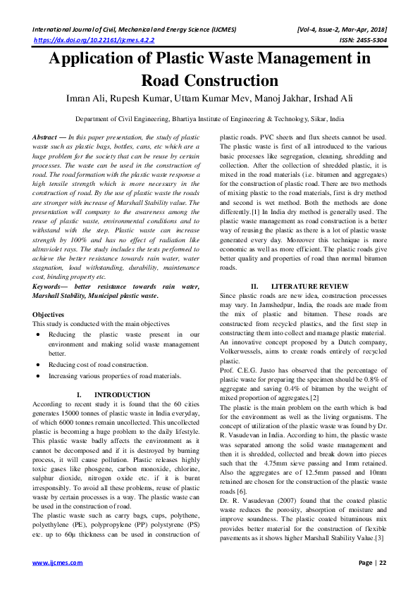 (PDF) Application of Plastic Waste Management in Road Construction