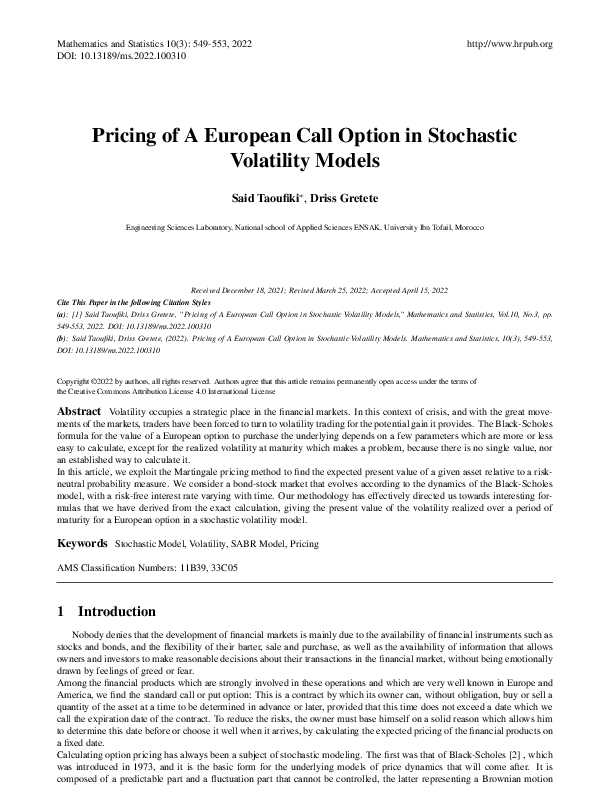 (PDF) Pricing of A European Call Option in Stochastic Volatility Models
