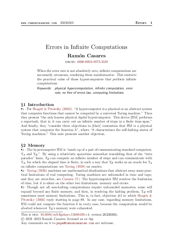 (PDF) Errors in Infinite Computations