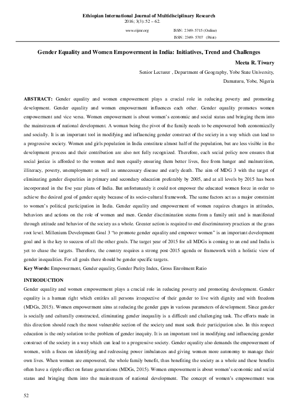 (PDF) Gender Equality and Women Empowerment in India: Initiatives ...