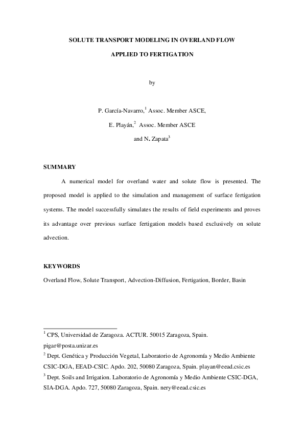 (PDF) Solute Transport Modeling in Overland Flow Applied to Fertigation