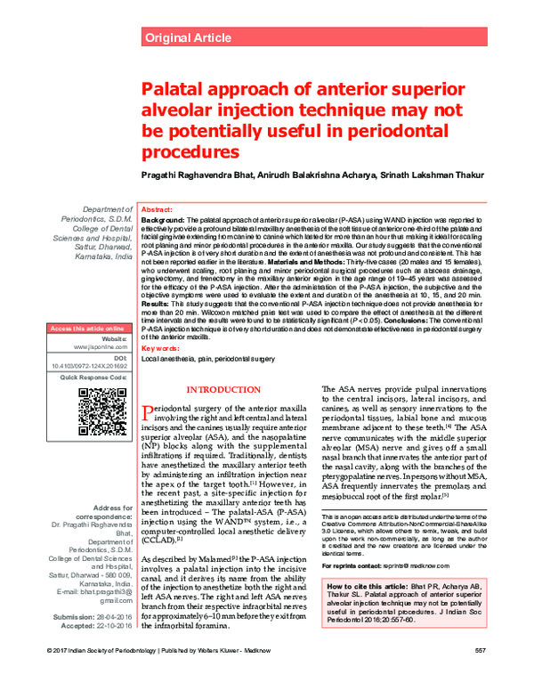 (PDF) Palatal approach of anterior superior alveolar injection ...