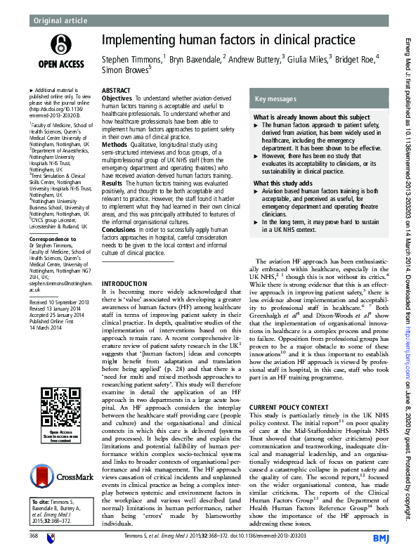 (PDF) Implementing human factors in clinical practice: Table 1