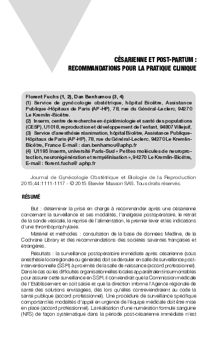 (PDF) Césarienne et post-partum. Recommandations pour la pratique clinique