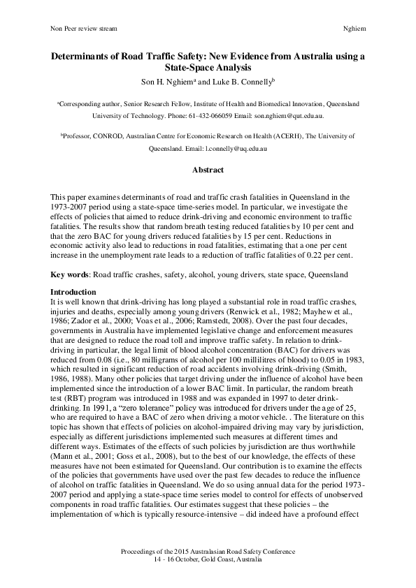 (PDF) Determinants of road traffic safety: New evidence from Australia ...