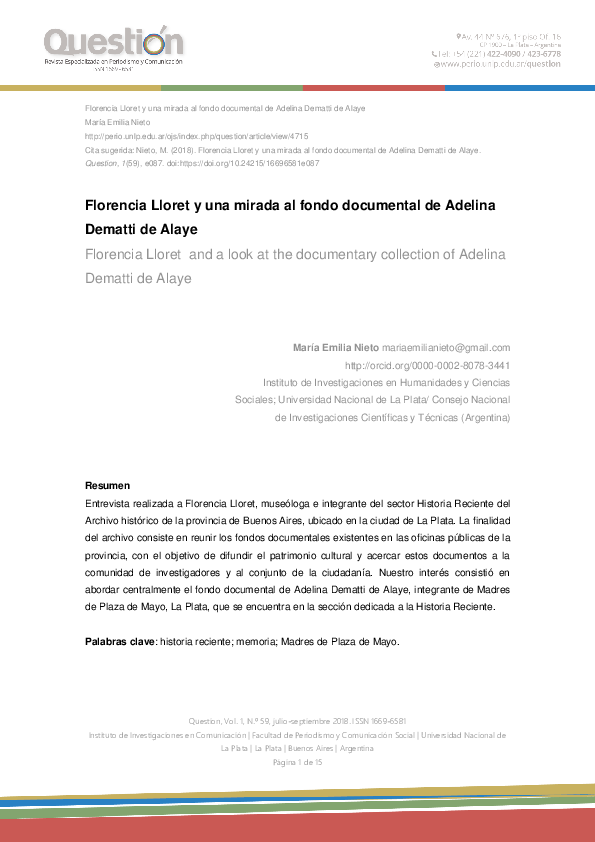 (PDF) Florencia Lloret y una mirada al fondo documental de Adelina