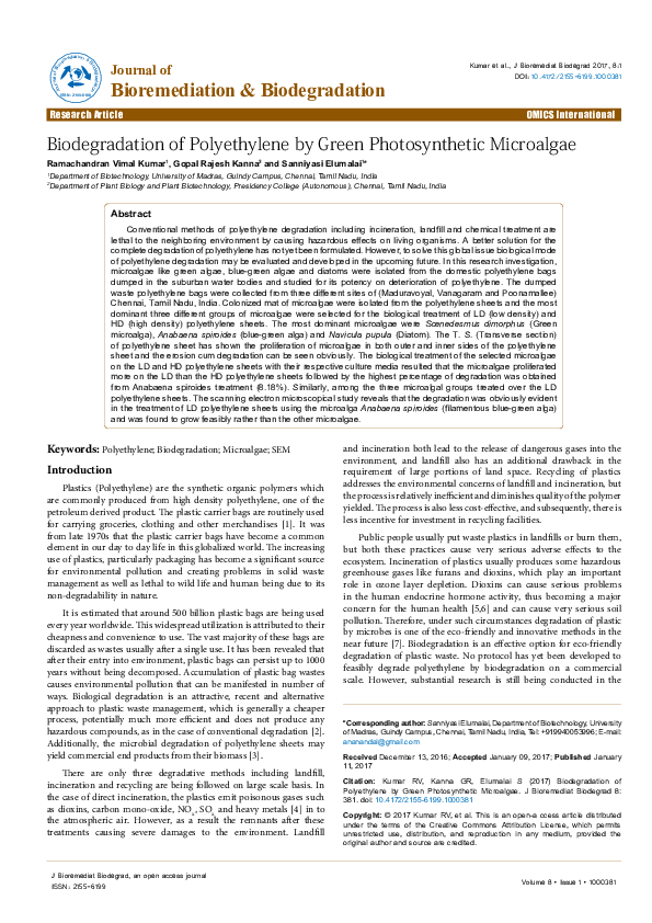 (PDF) Biodegradation of Polyethylene by Green Photosynthetic Microalgae