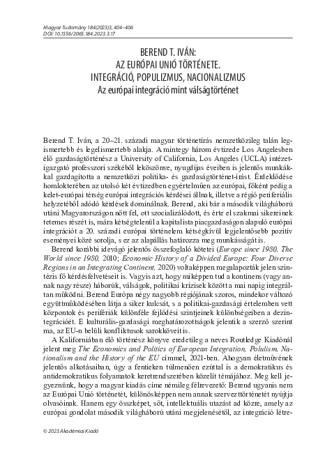 (PDF) Az európai integráció mint (Berend T. Iván Az