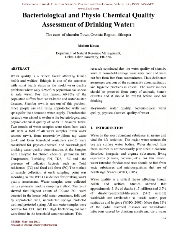 (PDF) Bacteriological and Physio Chemical Quality Assessment of