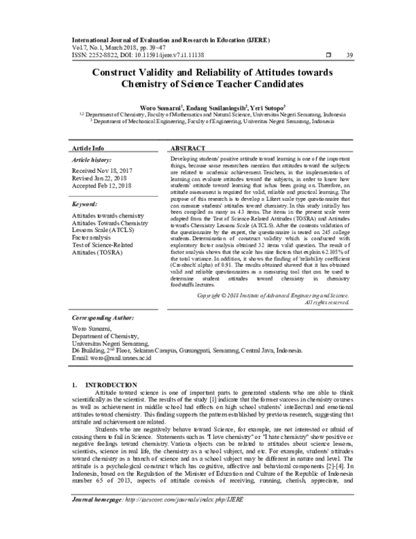 (PDF) Construct Validity and Reliability of Attitudes towards Chemistry ...
