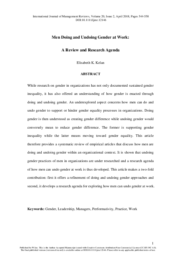 (PDF) Men Doing and Undoing Gender at Work: A Review and Research Agenda