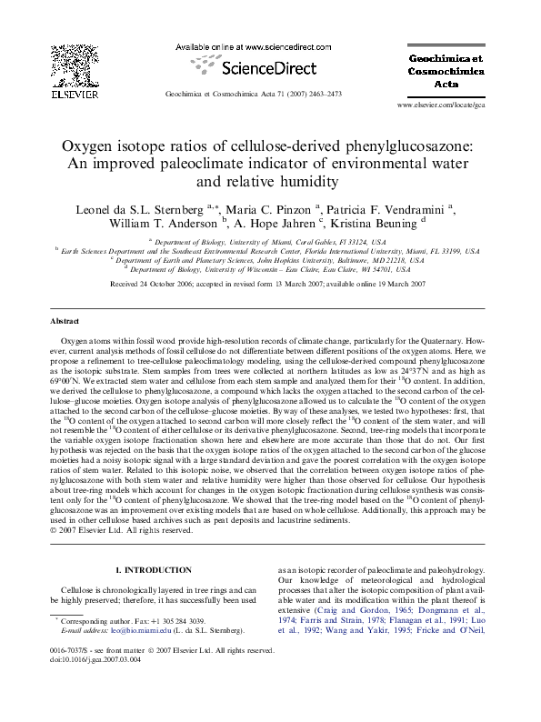 (PDF) Oxygen isotope ratios of cellulose-derived phenylglucosazone: An ...