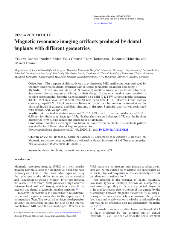 (PDF) resonance imaging artifacts produced by dental implants