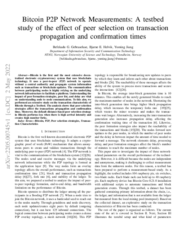 (PDF) Bitcoin P2P Network Measurements: A Testbed Study of the Effect ...