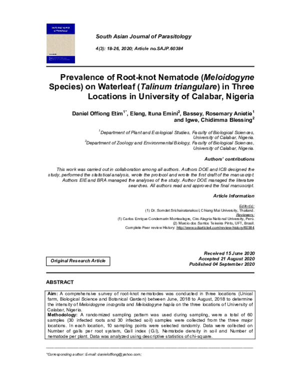 (PDF) Prevalence of Root-knot Nematode (Meloidogyne Species) on ...
