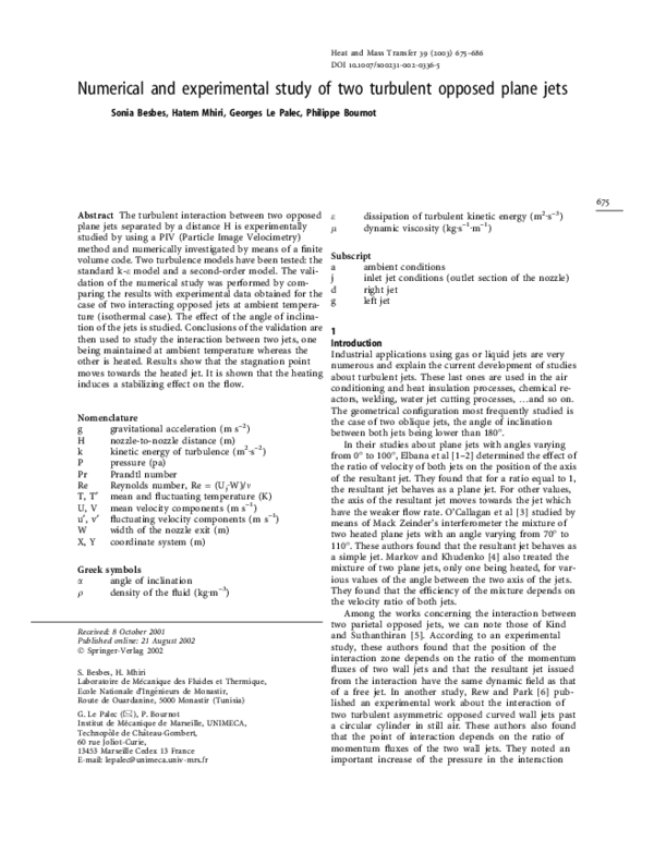 (PDF) Numerical and experimental study of two turbulent opposed plane jets